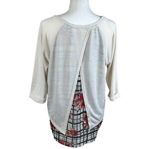 Bongo Top Large Ivory Beige Red White Floral High Low 3/4 Sleeve Layered Back
